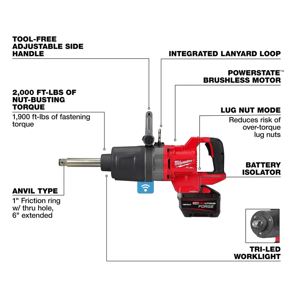 Milwaukee M18 FUEL 1 inch D-Handle Extended Anvil High Torque Impact Wrench feature graphic 9 of 10