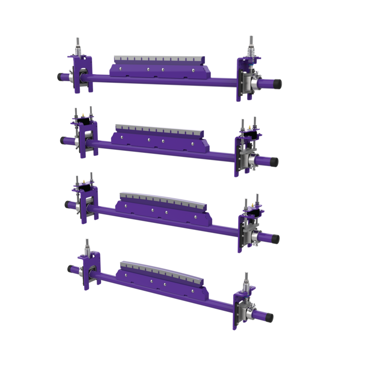 Flexco CBS Series 36-inch cleaners with flat and curved blades, shown with SST spring and SAT air tensioners