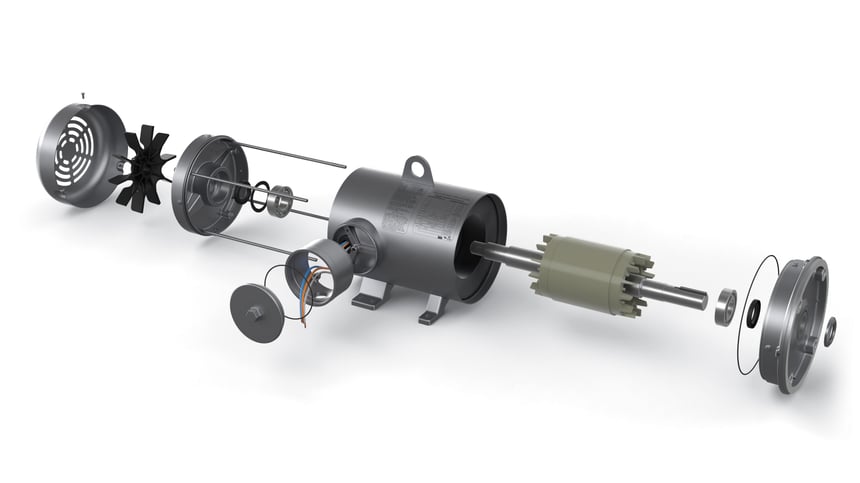 Exploded view of a Baldor-Reliance Food Safe 3-lead stainless steel motor