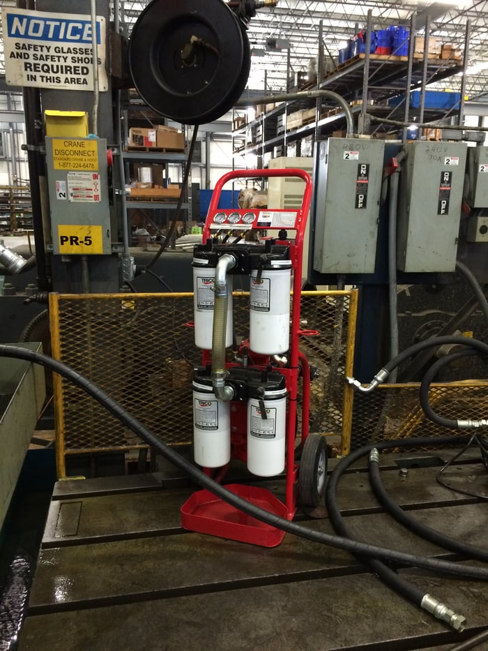 Trico high-viscosity filter cart connected to industrial equipment