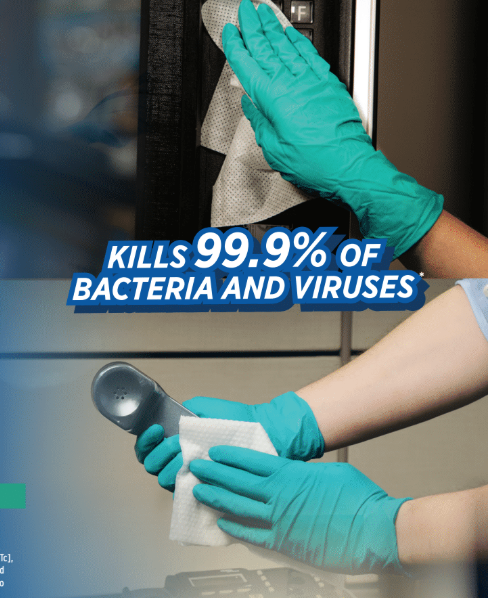 SCRUBS MEDAPHENE PLUS disinfecting wipes packaging showing the 99.9% bacteria and viruses kill claim