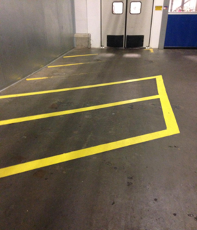 Rust-Oleum striped line three months after application, still sharp and durable
